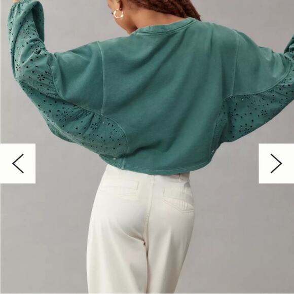 Pilcro | Batwing Eyelet Sleeve Crop Top Boho Festival Olive Green XSP Petite - Picture 3 of 7